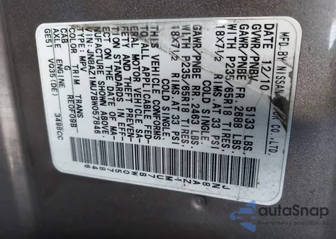 2011 Nissan Murano Sv из США, поврежденный, VIN JN8AZ1MU7BW057846